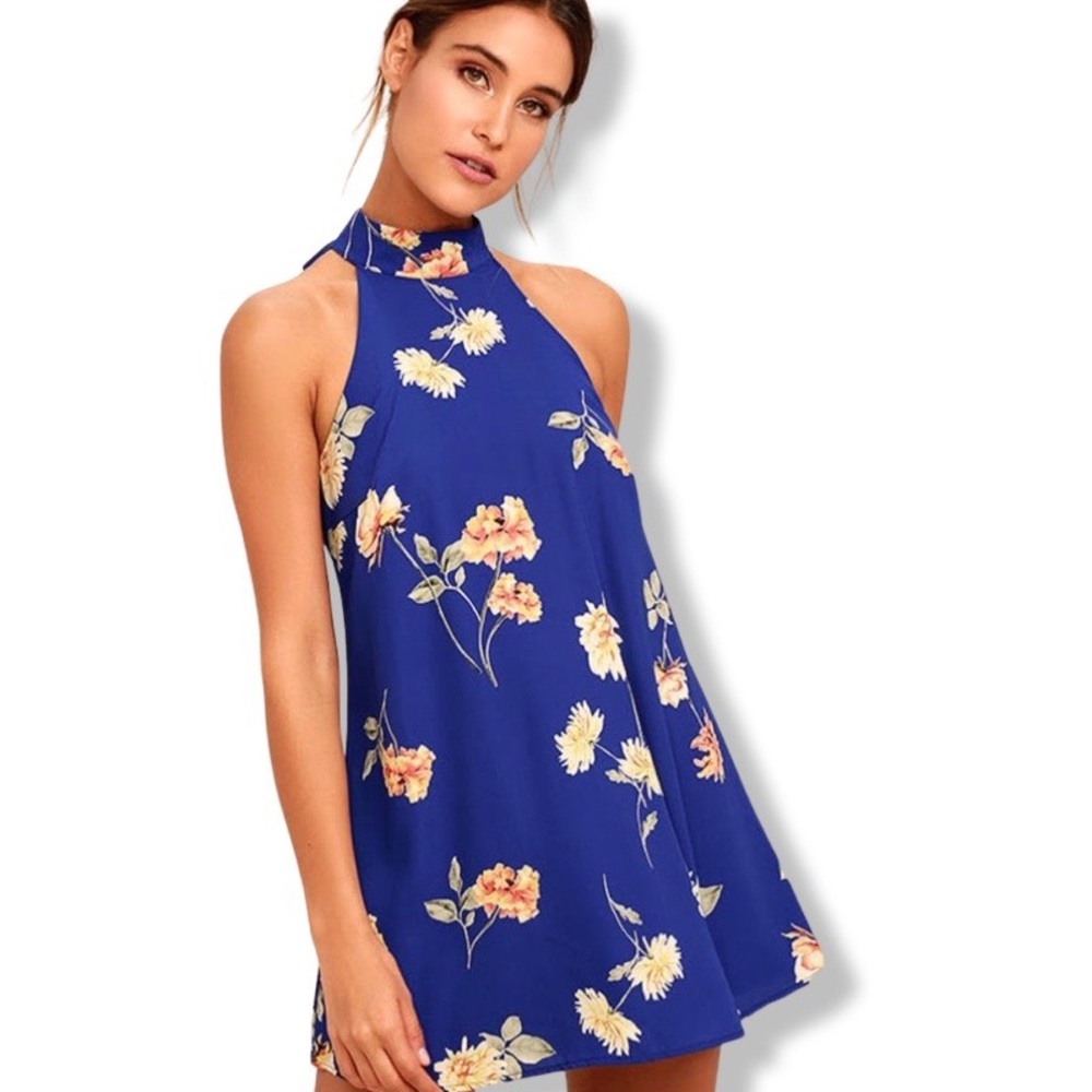 Lulus Darling Dearest Royal Blue Floral Print Swing Dress Halter XS - Picture 2 of 10
